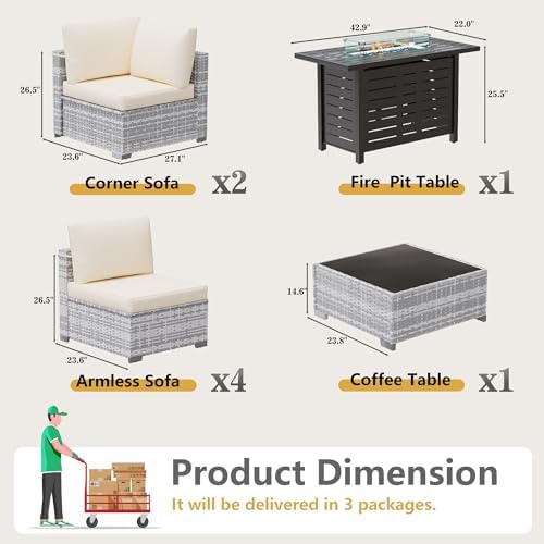 LOUVIXA 8 Piece Outdoor Patio Furniture Set, Outdoor Sectional Sofa with Firepit Table, Wicker Rattan Patio Furniture, Patio Conversation Set with Coffee Table & Cushions - Image 2