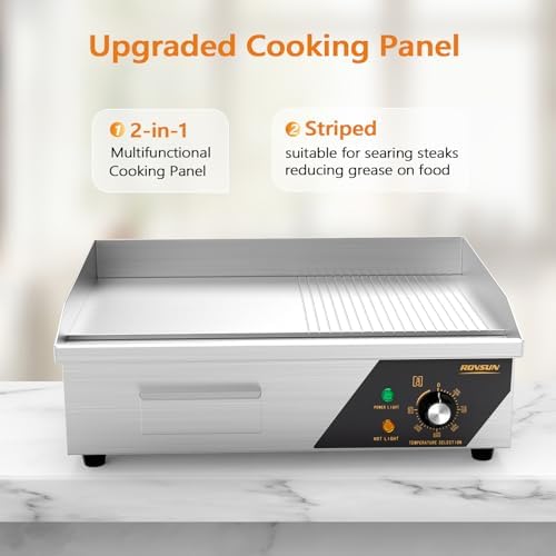 ROVSUN 22" Electric Griddle, Electric Countertop Half Flat Top Griddle, 1600W Grill Stainless Steel with Adjustable Temperature Control 122°F-572°F for Commercial Home Restaurant, Plug - Image 5