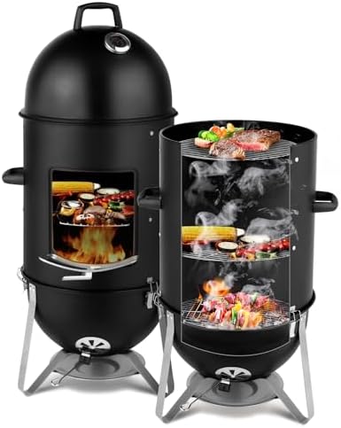 VINGLI 4-Tier 3-in-1 Vertical Charcoal Grill, 18.8 Charcoal Smoker with Built-in Thermometer, Air Vent and Access Doors, Perfect for Outdoor Cookings, Camping, Picnics, BBQs, and Tailgating Parties by VINGLI