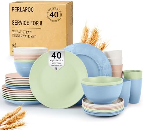 40 PCS Wheat Straw Dinnerware Sets Unbreakable Dishware Set for 8 Plastic Plates and Bowls Sets with Cups Dishwasher & Microwave Safe - Colorful by Perlapoc