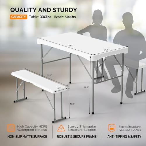 VINGLI Picnic Table Set with 2 Benches, 6 Feet Camping Table Chair Set, Heavy-Duty HDPE Material with Metal Frame, 3-Piece Folding Furniture for Indoor or Outdoor Use (3.5ft White) - Image 4
