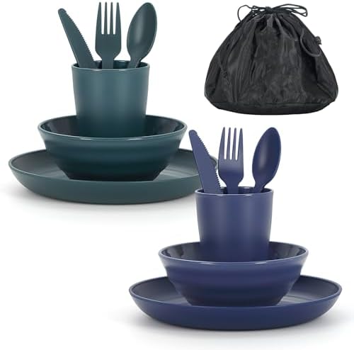 Camping Mess Kit for 2 with Bowl, Plate, Cup, Spoon, Fork, Knife and Carry Bag, Plastic Camping Accessories Essentials Gear for Couple Travel, Picnic, Outdoor, Easy to Carry by ReaNea