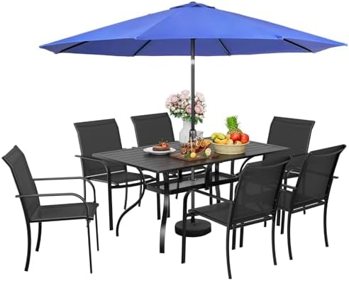 Incbruce 8 Pieces Patio Dining Set with Dark Blue Umbrella, Outdoor Dining Set of 6 Textilene Chairs and Rectangle Table with Umbrella Hole for Backyard, Garden, and Poolside (Black) by Incbruce