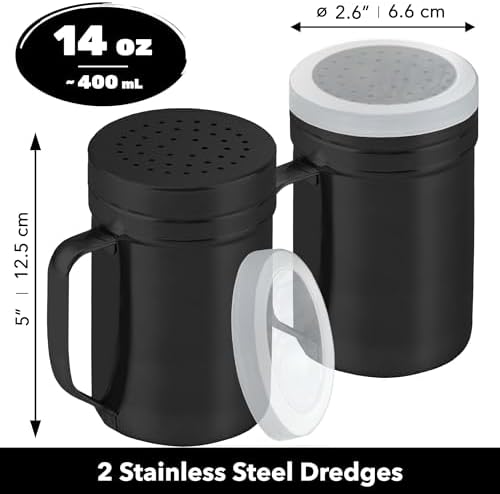CUSINIUM 14oz Black Stainless Steel Salt Pepper Dredge Shakers - With Plastic Cap - With Handle - Pack of 2 - Image 2