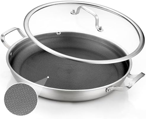 DELARLO Paella Pan 14 Inch Tri-Ply Stainless Steel Paella Pan with Lid Nonstick Frying Pan, Hybrid Induction Large Skillets,Great for Paella Parties Indoors Outdoors,Heavy Duty Style by DELARLOCOOKWARE