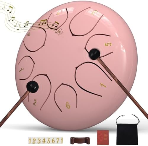 Rain Drum for Outside Garden, 6 Inches 8 Notes Steel Tongue Drums, Waterproof Meditation Echo Rain Chime, Musical Instruments for Adult Gift with Bag, Music Book, Mallets (Pink) by INNOWARMER