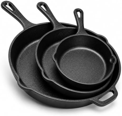 Cast Iron Skillet 3-Piece Set - Heavy-Duty Professional Restaurant Chef Quality Pre-Seasoned Pan Cookware Set - 10", 8", 6.2" - Frying, Saute, Cooking, Pizza & More, Charcoal Grey by Simple+Chef
