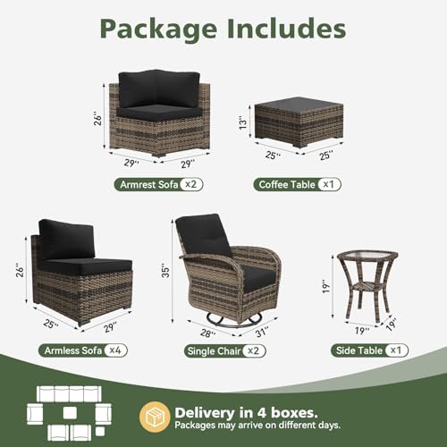 Aoxun 10 Piece Outdoor Patio Furniture Set with Coffee Table, Wicker Rattan Outdoor Furniture with High Back Swivel Rocker Chairs, Outdoor Conversation Set with Thick Cushion & Ottoman, Black - Image 2