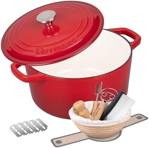 VORRINGARD Enameled Cast Iron Dutch Oven Pot with Lid, for Bread Baking, Round Bread Oven- include Sourdough Bread Baking Supplies Set, 6QT, Red by Unknown