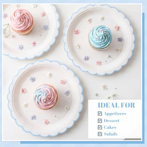 NatNarr 30 Pcs Light Blue Plates 9" Scalloped Blue and White Dessert Plates - Image 4