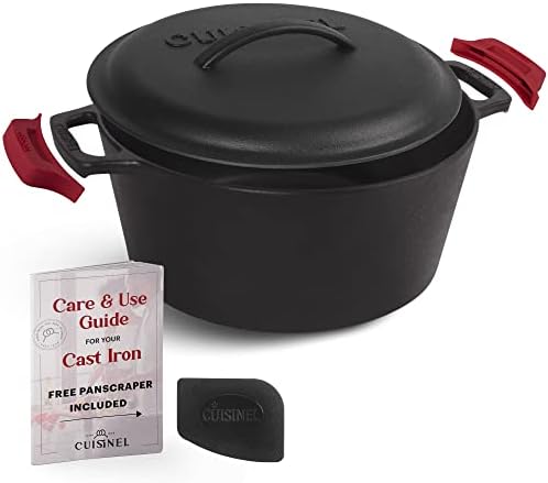 Cuisinel Cast Iron Dutch Oven - 5-Quart Deep Pot + Lid + Pan Scraper + Handle Cover Grips - Large Pre-Seasoned Cooker for Baking Bread, Soup, Frying - Indoor/Outdoor Kitchen, Camping, Fire, BBQ Safe by Cuisinel