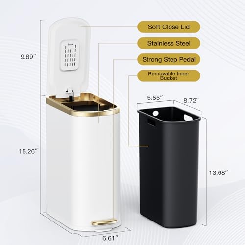 CEROELDA Small Bathroom Trash Can with Lid-10L/2.6 Gal-Soft Close Lid-White - Image 5