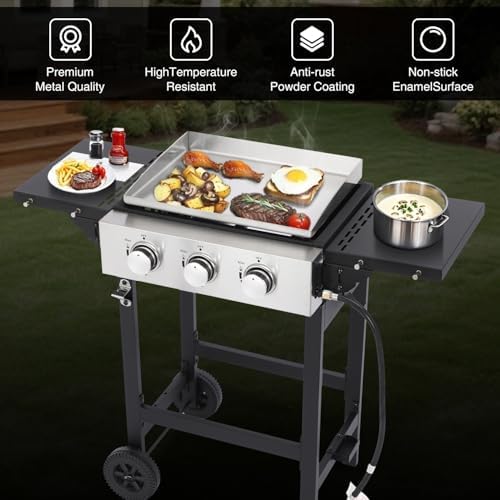 Gas Grill Griddle Combo with 3 Burners - Propane Grill on Cart - Stainless Steel 30,000 BTU -Camping Grill with 2 Foldable Tables, Cover - Outdoor Cooking Station for BBQ Backyard - Image 5