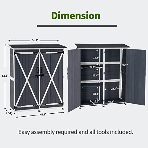MCombo Outdoor Storage Cabinet with Shelves, Wood Garden Shed with Floor, Outside Tool Shed with 2 Lockable Doors for Backyard Patio Lawn, 1400 (Gray) - Image 4