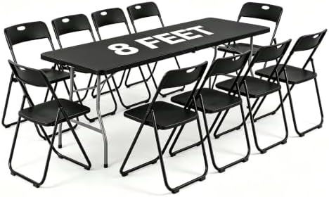 8 Feet Foldable Picnic Table with 10 Folding Chairs for 10, Black by WelcometoEDWINENE