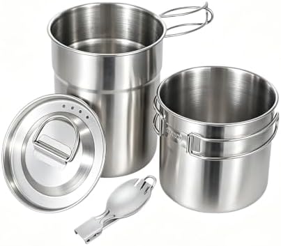 BeGrit Camping Cups Mugs Stainless Steel Camping Pot Food Grade Metal Camping Cookware with Folding Spoon, Vented Lids (5pcs) by BeGrit