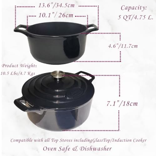 La Cuisine Enameled Cast Iron Dutch Oven Casserole Pot with Lid, Internal Matte Black Enamel Coating 5 QT 10.5" / 26cm Ø For GalssTop Stove, Oven-Safe 550°F/276°C Glossy Black - Image 7