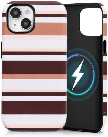 for iPhone 15 Case, Magnetic Matte Frosted Dual-Layer Striped Phone Case for Women, Retro Aesthetic Cover Compatible with Mag Safe Accessories - Cocoa Stripe by YKCZL