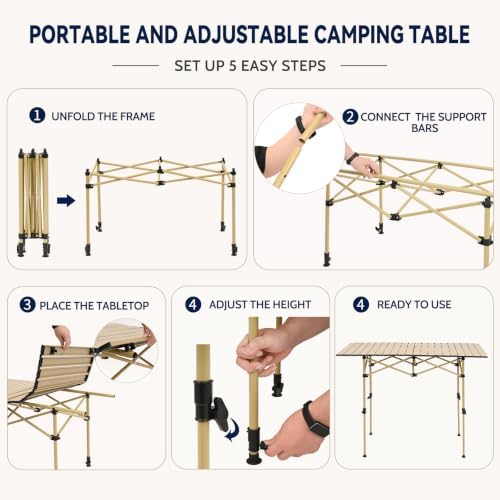 Portable Folding Camping Table, Adjustable Height, Beige, 47 x 21 in - Image 3