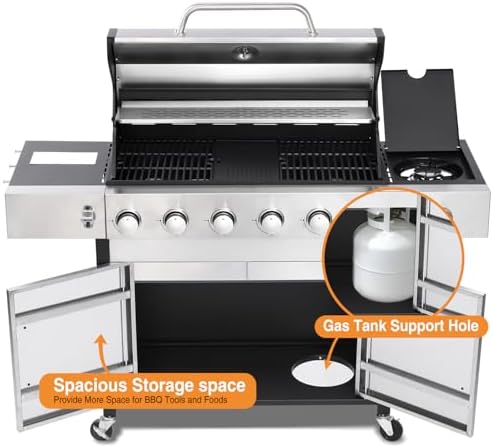 6 Burner Propane Gas Grill with Side Burner, Cast Iron Grates & Griddle Combo, Large Cabinet BBQ with Warming Rack for Backyard Patio, 620 SQ. IN. Cooking Area - Image 5