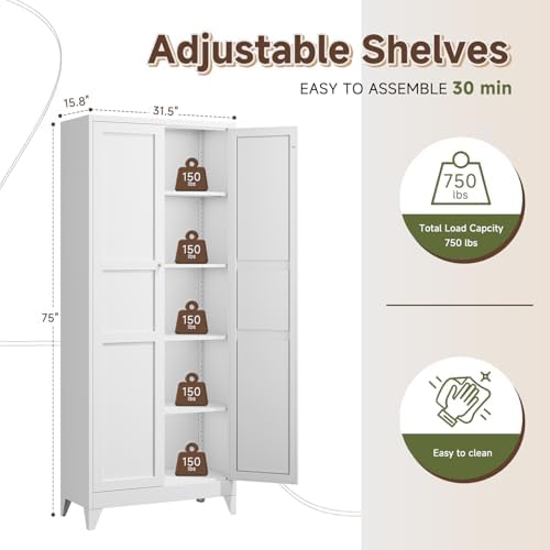 Letaya 75" H Metal Storage Cabinet with 2 Doors and 4 Shelves,Tall Kitchen Pantry Cabinets,Farmhouse Utility Pantry Organizers for Cupboard/Dining/Bathroom/Home Office/Garage Room,White - Image 3