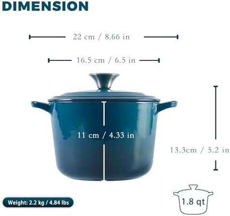 Flavehc Dutch Oven Pot with Lid 1.8 Qt Cast Iron Dutch Oven for Bread Baking, DarkCyan Enameled Cast Iron Rice Pot, Small Deep Dutch Oven for Rice, Beans & Side Dishes - Image 4