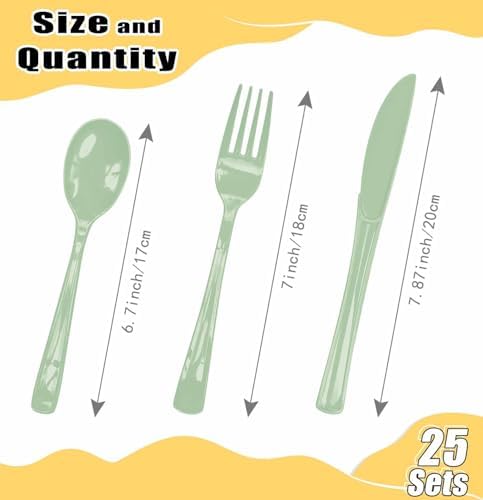 HEIPINIUYE 75 Pack Sage Green Plastic Cutlery Heavy Duty Sage Plastic Knives Forks and Spoons Disposable Silverware Set for 25 Guest Camping Birthday Baby Shower Party Cutlery Set - Image 3