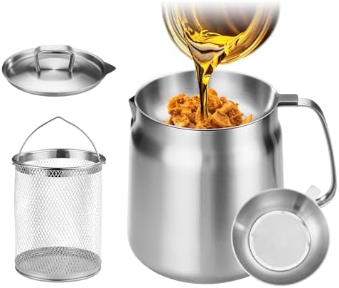 119oz 304 Stainless Steel Deep Fryer Pot with Basket & Strainer, Large Capacity Bacon Grease Container for Kitchen,Frying, Cooking, Camping,Oil Filter Container - Dishwasher Safe (119oz/3.5L/3.7Qt) by ComingandPurchasenow