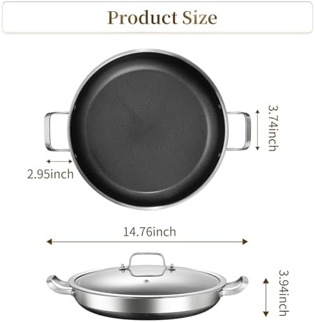 DELARLO Nonstick Paella Pan With Lid 14 Inch, Tri-Ply Stainless Steel Large Skillet, Everyday Pan, Fast & Even Heating Induction Cooking Pan, Dishwasher and Oven Safe, Heavy Duty Style - Image 5
