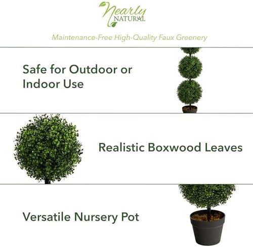 Nearly Natural 36 in Artificial Triple Ball Boxwood Topiary Tree with Pot - Image 3