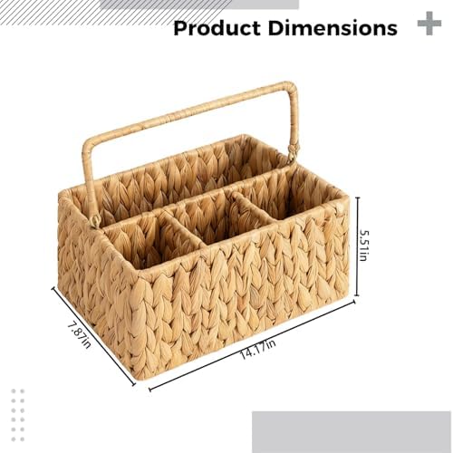 Wicker Storage Basket with 4 Compartments, 14.2 x 7.9 x 5.5 in Divided Organizer for Picnic, Kitchen Cutlery, Utensil and Condiment Bottles, Handled Woven Bin for Tabletop and Outdoor Use - Image 4