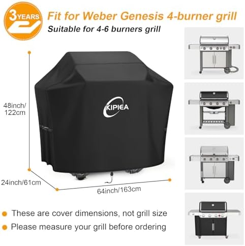 Kipiea 600D Heavy Duty Gas Grill Cover for Weber Genesis 400 & LX Series Grills, 64-Inch Waterproof BBQ Cover with Windproof Buckles, UV Resistant, No Tear – Not Compatible with 2022+ Genesis 400 - Image 2