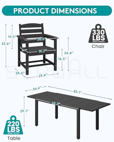 SERWALL HDPE and Aluminum Outdoor Dining Set for 8, Black - Image 6