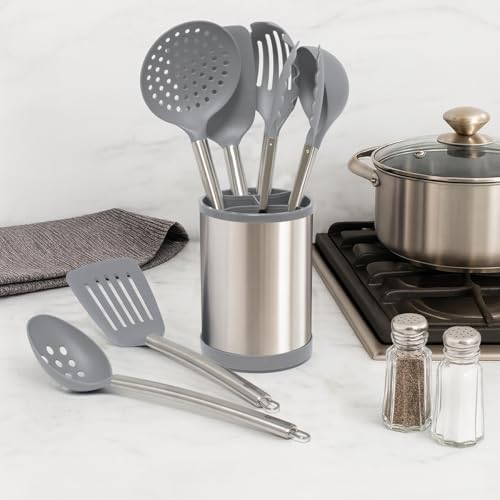 Glad Kitchen Utensils Set, 8pcs - Nonstick Cooking Tools with Stainless Steel Handles & Rotating Utensil Holder - Turners, Ladle, Spoon, Tongs, Spaghetti Server, and Skimmer - Dishwasher Safe, Grey - Image 2
