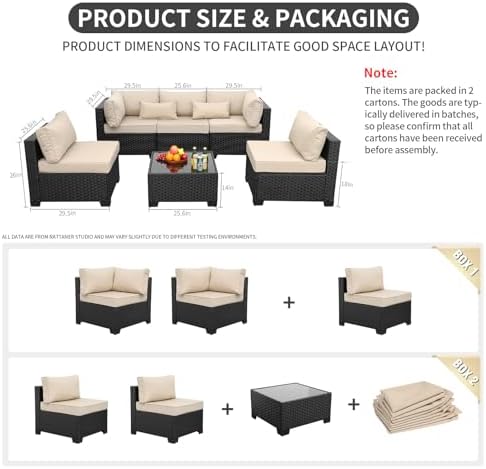 Rattaner Patio Sectional 6 Pieces All-Weather Wicker Patio Furniture Set Outdoor Sectional with Glass Table Non-Slip Cushions and Waterproof Cover, Khaki - Image 3