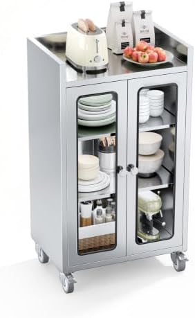 ROVSUN Stainless Steel Table with Cabinet & Wheels, 23.6" x 15.7" Commercial Kitchen Workbench for Pre Work with Glass Door, Large Space Storage for Kitchen Restaurant Hotel Garage Warehouse by ROVSUN