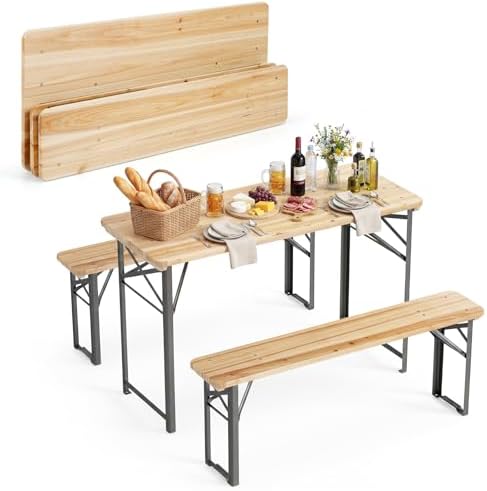 Tangkula 3 Piece Folding Picnic Table with 2 Benches, Foldable Wood Picnic Table Bench Set with Heavy-Duty Metal Frame for 4, Space-Saving Outside Table and Bench Set for Backyard, Patio, Garden by TANGKULA