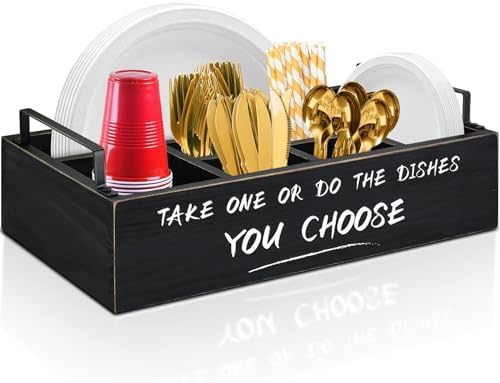 Ameuphercy Wood Paper Plate Dispenser, Paper Plate Holder with Large Cup Holder for Kitchen Counter, Rustic Silverware Utensil Caddy with Large Cup Holder, Utensil Holder for Kitchen Accessories by BuyWithConfidence