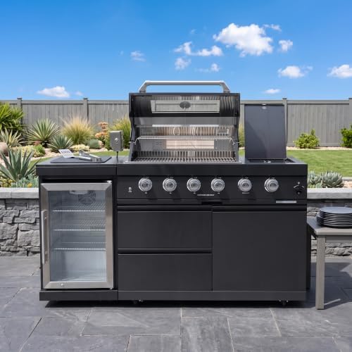 65-Inch 4-Burner 72000 BTU Stainless Steel Outdoor Kitchen Island Propane Gas Grill + Wine Cooler Refrigerator + Rotisserie Kit + Granite Countertops - For Large Backyard Gatherings, Black - Image 2