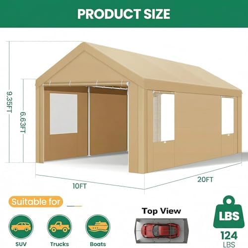 COBIZI 10x20 FT Heavy Duty Carport with Galvanized Frame & Sandbags, Khaki - Image 2