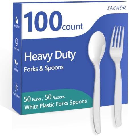 SACATR 100 Count White Plastic Silverware Heavy Duty -Forks,Spoons by SACATR
