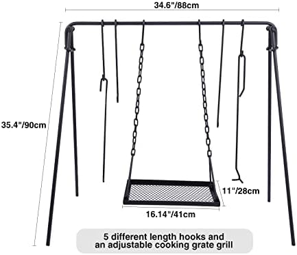 REDCAMP Swing Campfire Grill Stand - Collapsible Campfire Cooking Rack with 6 Hooks & Iron Grill Grate, Portable Dutch Oven Hanger for Outdoor Camping, Cookware, Bonfire, Rectangle - Image 2