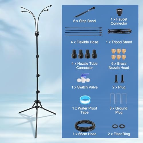 Gugxiom 5.3FT Standing Misters for Outside Patio, 26.5FT Water Supply Line & Adjustable Height & 5 Brass Nozzles, Portable Water Mister for Patio BBQ Pool - Image 3