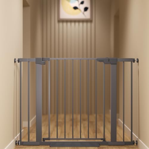 29-42 inches Metal Baby Gate for Stairs/Doorways, 30 inches Tall Pressure Mounted Pet Gates, Auto-Close Child Safety Gate, No Drilling Easy Walk-Through Dog Gate Indoor, Grey by Unknown