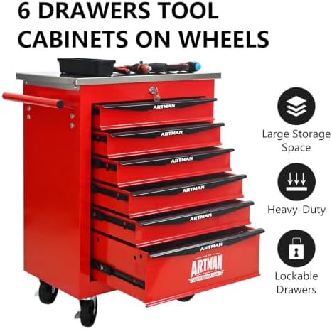 6-Drawer Heavy-Duty Rolling Tool Chest with Wheels & Steel Roof, Lockable Tool Chest Storage Cabinet for Garage, Workshop, Warehouse, and Repair Shop - Image 6