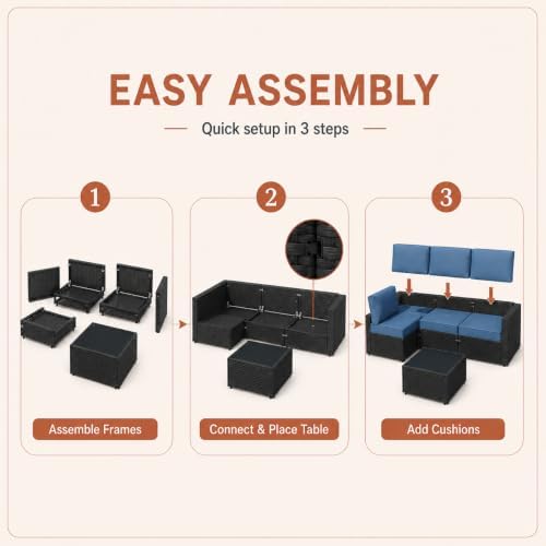 JAMFLY 5-Piece Patio Furniture Set, Outdoor Wicker Sectional Sofa with 4-Inch Thick Cushions & Coffee Table, All-Weather PE Rattan Conversation Set for Backyard, Garden, Poolside, Aegean Blue - Image 7