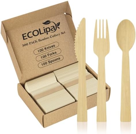 ECOLipak 300 Count Bamboo Cutlery Set, 100 Knives, Forks and Spoons each by ECOLipak