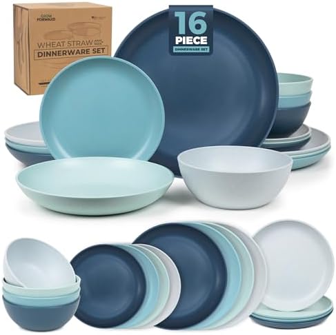Grow Forward 16-piece Premium Wheat Straw Dinnerware Sets for 4 - Unbreakable Dishwasher & Microwave Safe Plastic Plates and Bowls Sets - Patio, Outdoors, RV, Camping Dishes - Seascape by GrowForward