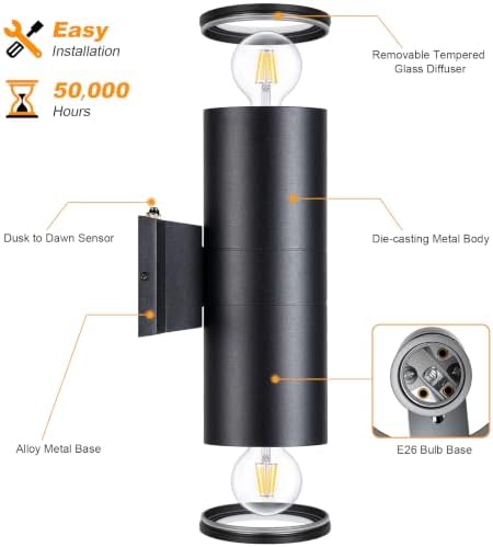 DAKAFUL Dusk to Dawn Outdoor Lighting Sensor Wall Lights 2-Pack, Modern Cylinder Up Down Lights Fits Standard E26 Bulbs, IP65 Waterproof Exterior Wall Sconce for Porch Patio etc. - Image 4