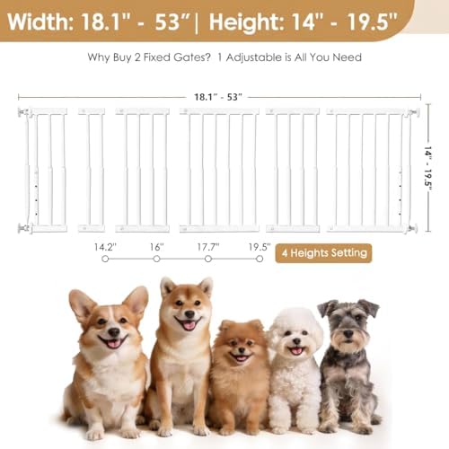14''-19.5'' Height Adjustable Dog Gate, Extra Wide 18.1"-53" All Metal Short Dog Gate to Step Over, Pressure Mount Small Pet Puppy Gate for Stairs & Doorways(White) - Image 4